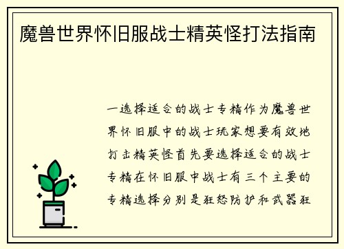 魔兽世界怀旧服战士精英怪打法指南